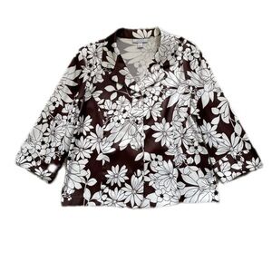 Dress Barn Floral Print Brown White Jacket Top 3/4 Sleeves Women’s Large